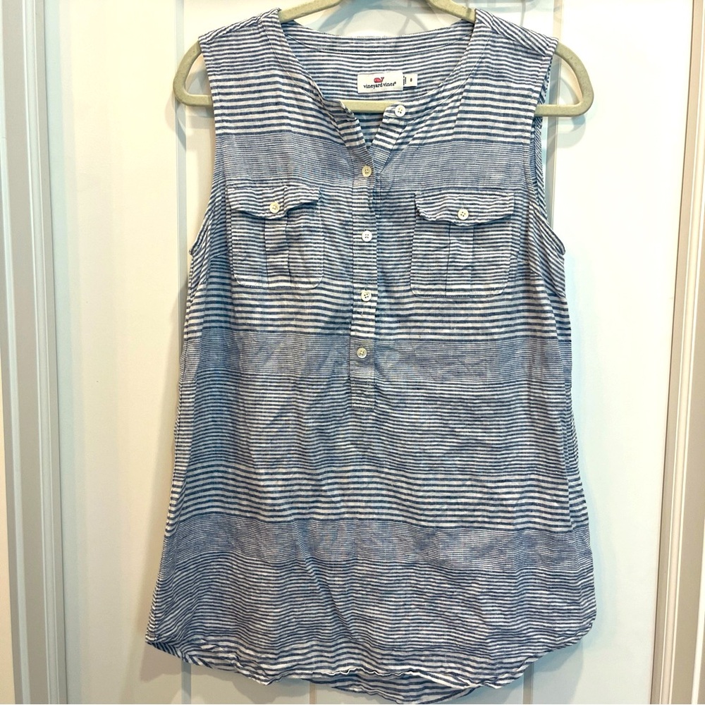Vineyard Vines Linen Blue Striped Sleeveless 1/4 Button Women’s Size‎ 8 Blouse